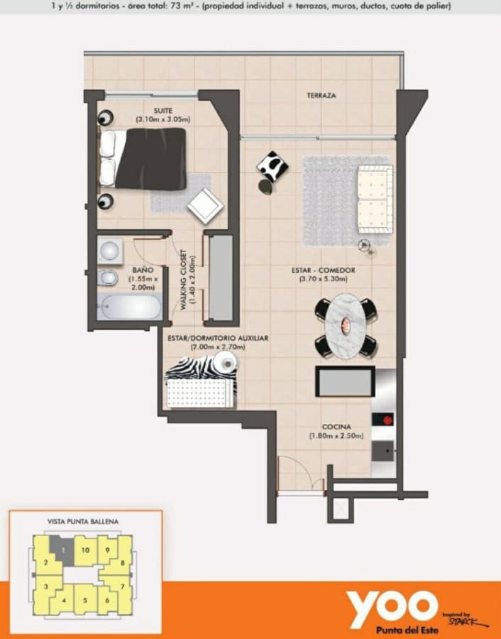 Apartamento en venta de 1 dormitorio y medio en Punta del Este